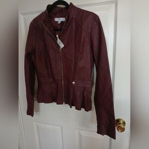 New York & Co  Deep Burguandy Faux Leather Jacket Pleated Bottom Rock Grunge